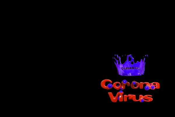 Coronavirus COVID-19 Inschrift mit stilisierter Krone aus violettem Blut. Epidemische Erkrankung SARS-CoV-2. 3D-Illustration mit Copyspace für Ihren Text auf schwarzem Hintergrund — Stockfoto