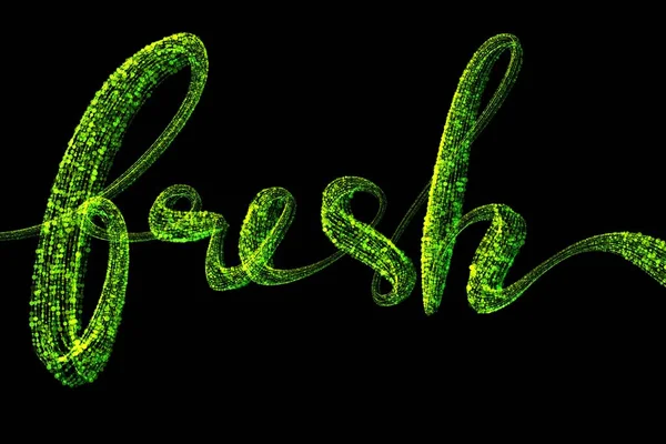 The word Fresh made of luminous and sparkling round green particles isolated on black background — Stock Photo, Image