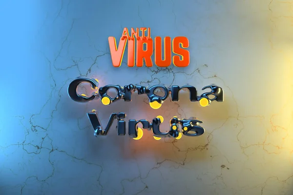 Texto antivirus sobre Coronavirus COVID-19. Fabricado en plástico rojo sobre pared de mármol. Concepto de medicina 3d ilustración — Foto de Stock
