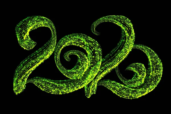 Szczęśliwego Nowego Roku 2020 pojedyncze litery liczb napisane przez konfetti cząstek zielonych. Izolacja na czarnym tle — Zdjęcie stockowe