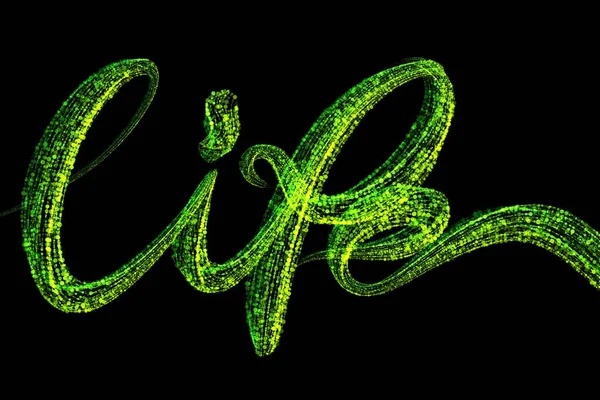 Bright green handwritten word LIFE made by circle particles and isolated on black background — Stock Photo, Image