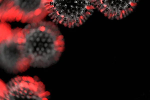 Molecole di coronavirus distribuite sul campo di calcolo. Fotografia microscopica. Concetto di infezione da virus epidemico e rischio di vita. Cura della salute. Illustrazione 3D di celle con copyspace — Foto Stock