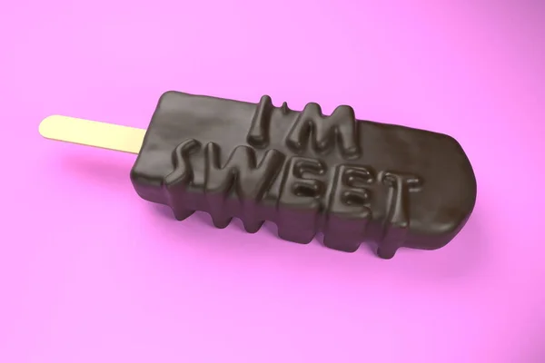 Сладкий текст на классическом шоколадном мороженом изолированы на розовом фоне 3d иллюстрации — стоковое фото