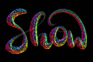 Renkli konfeti parselleri tarafından yapılan sunum sözcüğü tipografi metni logosunu göster, siyah arkaplanda izole edilmiş broşür pankartı tasarımı için uygun güzel bir tipografi