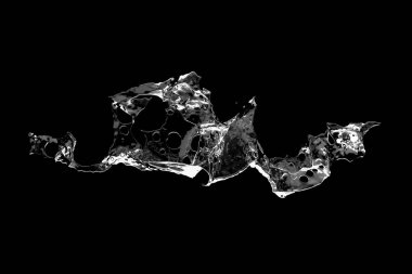 Siyah zemin üzerinde izole edilmiş, havada uçuşan kristal berrak su sıçraması. Hareketi dondur