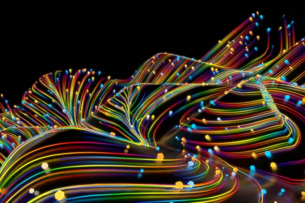 Neon glühend verdrehte kosmische Linien auf der glänzenden Oberfläche. Turbulenz-Locken fließen farbenfrohe Bewegungen. Flüssige und glatte Wirbelstrukturen in der Astronomie. 3D-Rendering Abstrakter kreativer moderner Hintergrund — Stockfoto