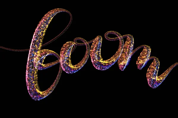 Boom word lettering made by colorful particles isolated on black background