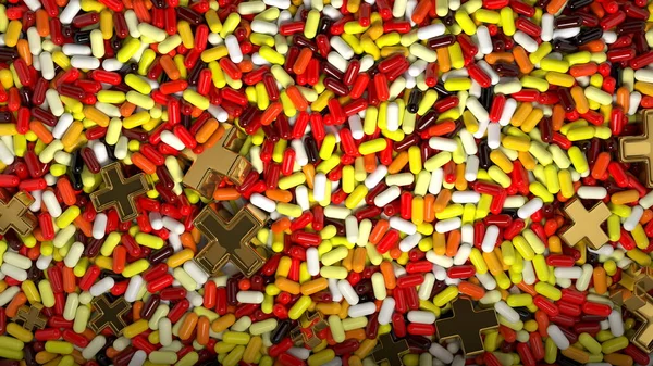 Tas de comprimés de médicaments. Arrière-plan fabriqué à partir de pilules ou de capsules en orange, couleurs de teinte rouge avec signe médical en forme de croix faite d'or. Illustration 3d — Photo