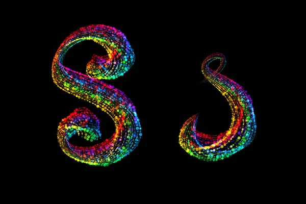 S - handwritten capital and amall letter made of multicolored luminous circles isolated on black background. Part of Alphabet series — Stock Photo, Image