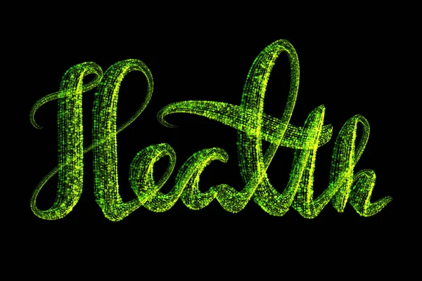 The word health is made of glowing green particles on a black background. Concept of healthcare and Selfisolation Coronavirus COVID-19. Epidemic condition illustration — Stock Photo, Image