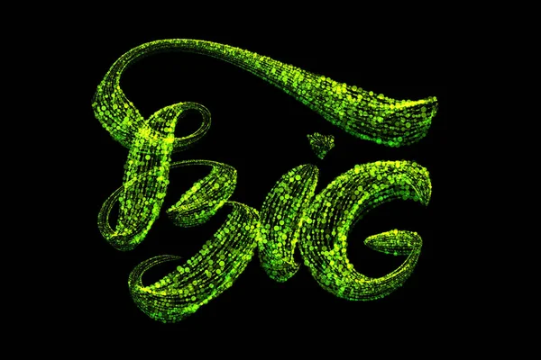 Large green lettering word inscription BIG made of bright green particles isolated on a black background — Stock Photo, Image