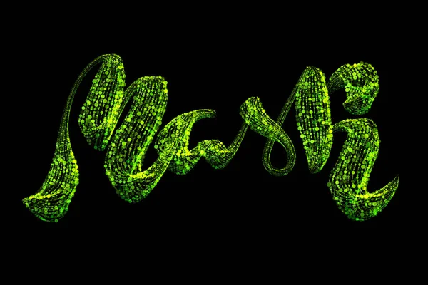 The word Mask is hand written in bright green luminous particles and isolated on a black background. — Stock Photo, Image