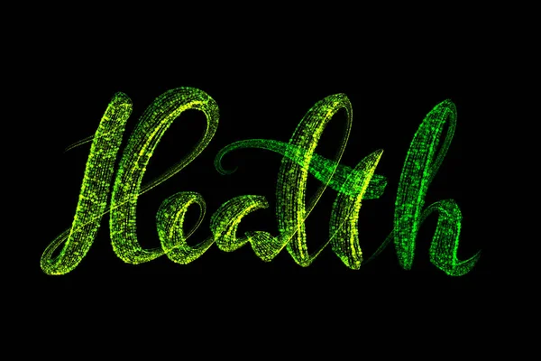 Слово "здоров'я" складається зі світяться зелених частинок на чорному тлі. Концепція охорони здоров'я та селефізіоляції коронавірусу COVID-19. Ілюстрація епідемічного стану — стокове фото