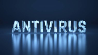 Coronavirus COVID-19 hakkında antivirüs metni. Yansıyan arka planda mavi camla yapılmış. Tıp konsepti siyah arkaplanda izole edilmiş 3d illüstrasyon