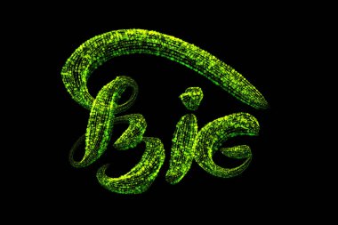 Büyük yeşil harfli yazı. Siyah bir arkaplanda izole edilmiş parlak yeşil parçacıklardan oluşan büyük.