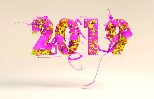 Happy New Year Banner con el color rosa de moda 2019 Números hechos por plástico y materia orgánicaFondo blanco. Ilustración abstracta en 3D — Foto de Stock