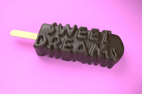 Sweet Dreams Text auf klassischem Schokoladeneis isoliert auf rosa Hintergrund 3d Illustration — Stockfoto