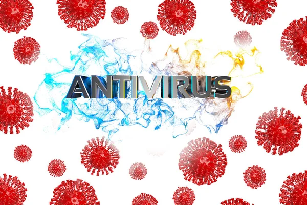 Texto antivírus sobre o Coronavirus COVID-19. Feito por aço forte sobre fundo cheio de partículas de moléculas de coronavírus em movimento. Medicina conceito ilustração 3d — Fotografia de Stock