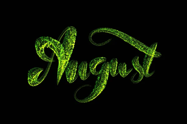 Agosto lettering palavra escrita com partículas luminosas verdes isoladas sobre fundo preto . — Fotografia de Stock
