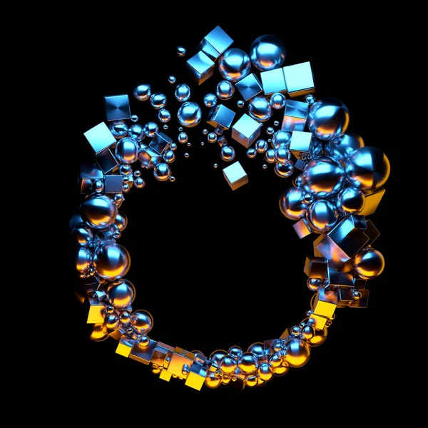 Composizione circolare di gioielli astratti di sfere poli basse e poligoni nella forma di un anello. Telaio Mockup per il vostro disegno isolato su sfondo nero illustrazione 3d — Foto Stock