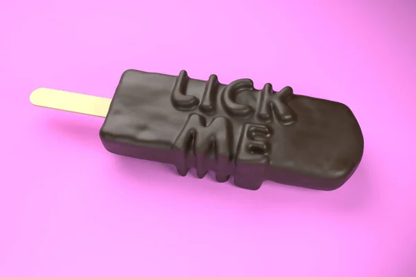 Lick Me text on classic chocolate ice cream isolated on pink background 3d illustration — Stock Photo, Image