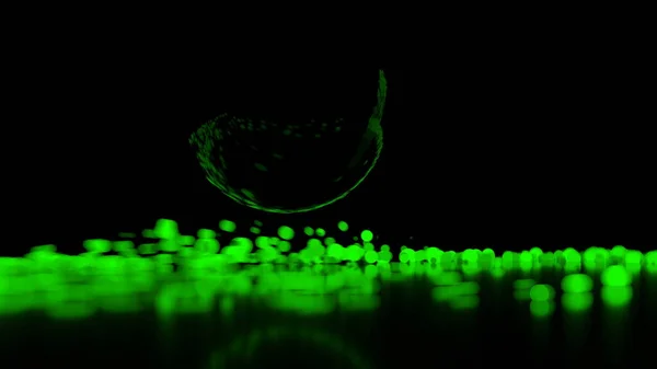 Abstract stream of spherical particles reflected from a large black circular sphere. Paricles are glowing green and have different brightness. 3d illustration with copyspace
