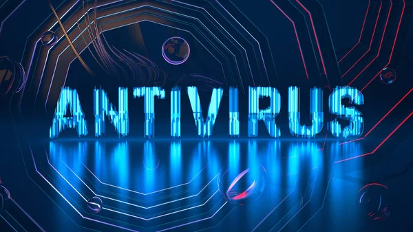 Texto antivírus sobre o Coronavirus COVID-19. Feito por vidro azul brilhante sobre fundo cheio de formas e estruturas em movimento. Medicina conceito ilustração 3d — Fotografia de Stock