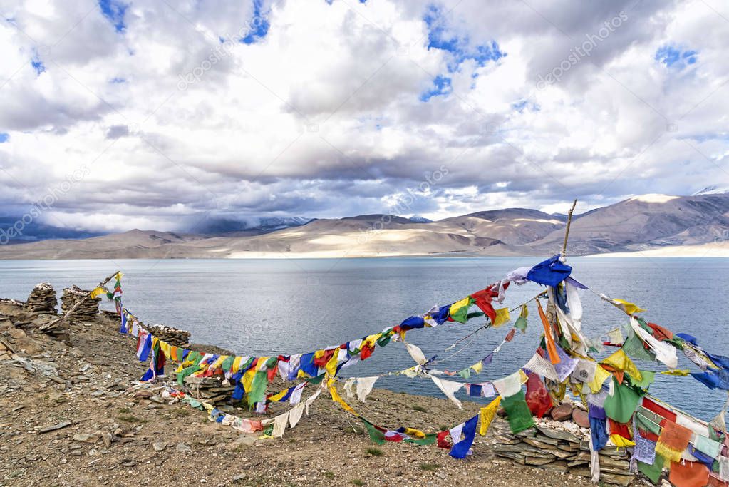 Prayer flags over Tso Moriri lake in Ladakh, India. 