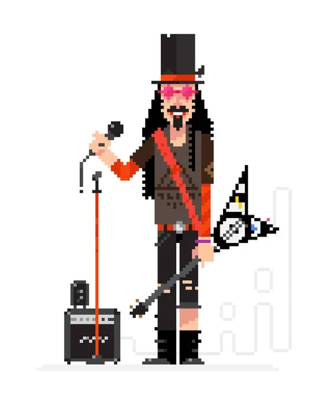 Rockstar in Pixeltechnik isoliert auf weißem Hintergrund. Musiker mit Gitarre und Mikrofon singt. Illustration eines Musikers mit Hut und Tätowierungen. Charakter Rocksänger für Layout-Design. — Stockfoto