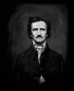  Edgar Allan Poe, drawing on isolated  black background for print and web.Black and white composition for the interior. Painting graffiti on the wall. Design for a book or a collection of short stories. clipart