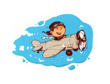 Küçük bir çocuk bulutlar arasında havada uçuyor. Boyalı resim karikatür tarzı. İllüstrasyon izole beyaz arka planda, baskı ve Web siteleri için hazır. Bizim zaman kahraman pilot olduğunu.