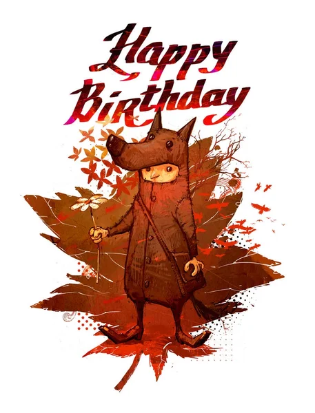 Happy birthday, illustration on white isolated background. Collage, drawing birthday greetings to you. A boy in a wolf suit congratulates on his birthday. The boy with the flower congratulates you.