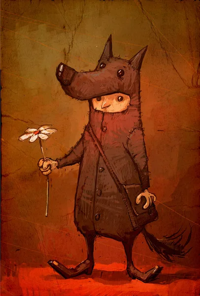 Ilustración de un personaje para unas vacaciones. Imagen de un niño en un disfraz de carnaval de un lobo dando una flor. Ilustración para camiseta y tarjeta de felicitación. Héroe romántico para el Día de San Valentín . — Foto de Stock