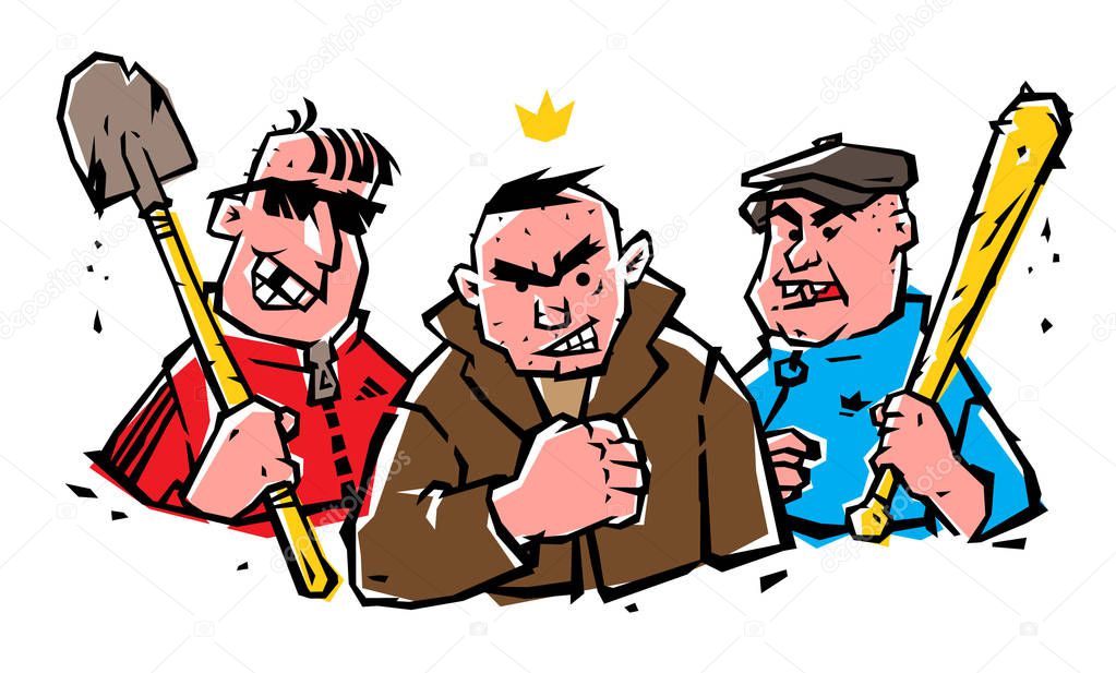Illustration of bad guys. The guys are not hipsters. Image of cheerful hoodlums on a white isolated background. Illustration of Russian bandits in comic style with a tattoo. Street criminal grouping.