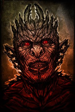 Korkunç ve kötü karakter gösterimi. Baskı ve web için görüntü. Karakteri karanlık bir arka plan üzerinde izole. Bu gömlek üzerine ve iç yazdırmak mümkündür. Canavarlar kavramı.