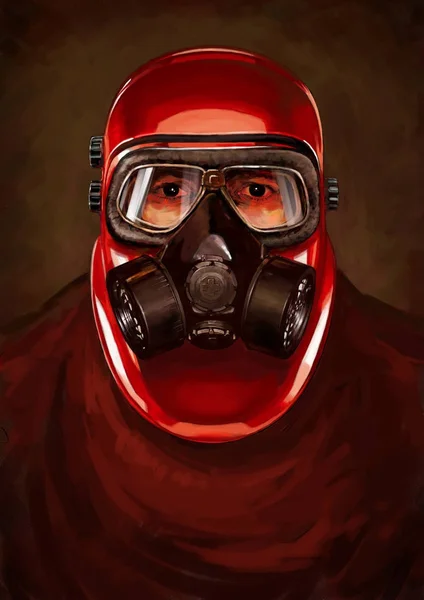 Illustration of post-apocalypse character. Stalker in the resperator. Concept in the technique of realism.