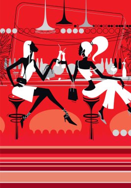 İki güzel kız bir gece kulübünde kokteyl içmek. Çekici genç kadın bir barda otururken. Resimde arka plan için. Resim yazdırma, afiş veya Web sitesi için.