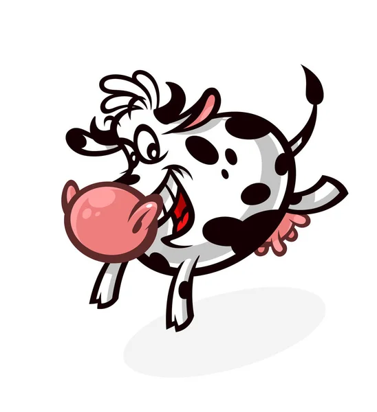 Cartoon cute cow. Emblem for printing. The running cow. Image is isolated on white background. Funny animal mascot. A hilarious character for a game or a cartoon. — Stock Vector