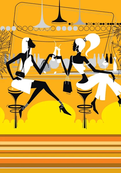 Two beautiful girls drink cocktails in a nightclub. Glamorous young women are sitting in a bar. Illustration for background. Image for printing, banner or website. Vector background. Royalty Free Stock Illustrations