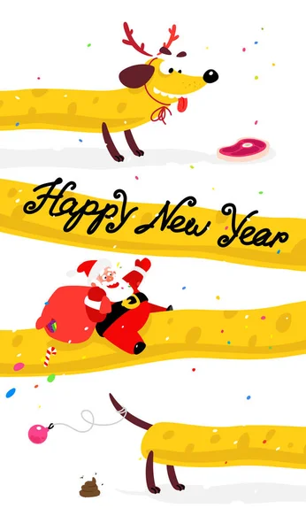 Lovely Santa Claus on a yellow dog. Chinese New Year and Christmas. Vector illustration isolated on white background. Suitable for printing and the web. Long dachshund. — Stock Vector