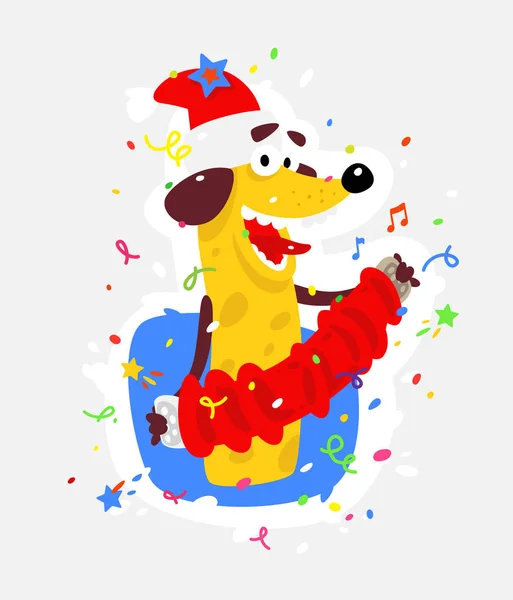 Yellow dog is the symbol of Chinese New Year. Vector flat illustration of a dog with an accordion. The image is isolated from the background. The holiday mascot sticker. — Stock Vector