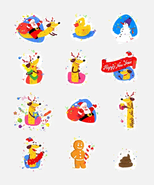 Conjunto de ícones, ilustrações para o ano novo, Natal. Papai Noel e símbolo de cão amarelo Ano Novo Chinês. Autocolantes vetoriais em estilo plano. As imagens são isoladas do fundo e prontas para impressão e da web . — Vetor de Stock