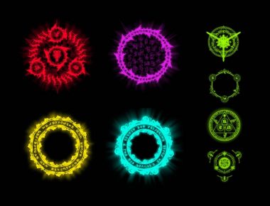 Runes ve büyü. Beceri Oyun için. Oyun için tasarım unsurları. Simgeler rune büyü bir siyah arka plan izole. Celtic ve İskandinav süsler, desenleri, işaretler.