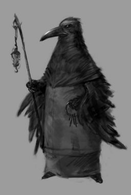 Kargalar bir kadrosu ve anahtarları ile Büyücüsü. Bir insana benzeyen bir büyücü şeklinde Illustration. Karakter taslağını. Kuş siyah siluet hayvan raven. Kara karga illüstrasyon.