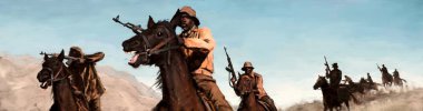 Makineli tüfek, takip ile çölde atlılar. Örnek Web sitesi için banner ve yazdırma. Somalili korsanlar sırtında. Afrika Militanlar, haydutlar, uyuşturucu kaçakçısı. İç duvar kağıtları.