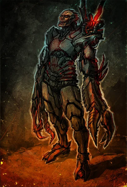 Illustration of a robot android. Image is isolated on a dark background. Character for the game. Image illustration for a book, print and wallpaper in the interior. A sketch of a humanoid monster with tentacles.