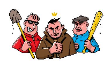Character in the style of pixel art. Illustration of bad guys. The guys are not hipsters. Image of cheerful hoodlums on a white isolated background. Illustration of Russian bandits in comic style. Street criminal grouping. Characters painted in the s clipart