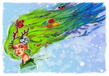 Bir bahar kız Illustration. Mevsim değişikliği. Kız bir elf, orman ve bahar ruhu. Görüntü beyaz arka plan üzerinde izole. Ne örnek bir kartpostal, afiş, duvar kağıdı ve Web sitesi. Kitap kapağı. Büyücü, büyücü.