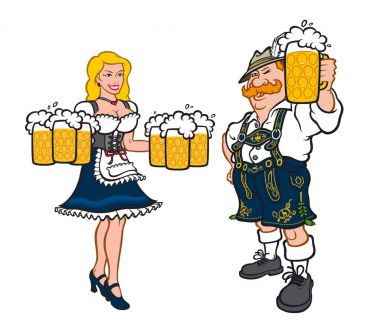 Sevimli erkek ve kadın Ulusal Alman kostümleri. Vektör çizim düz bir tarzda. Görüntü beyaz arka plan üzerinde izole. Şirket karakter. Maskotlar baskı ve Web sitesi için.