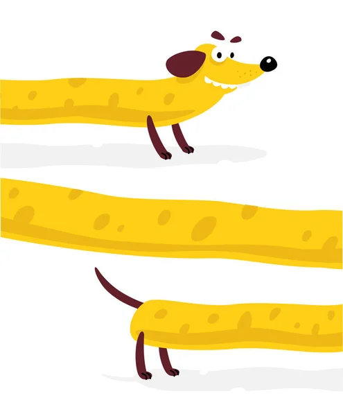 Lindo perro amarillo, salchicha. Ilustración vectorial de un perro en un estilo plano. El perro amarillo es como el queso. La imagen está aislada sobre fondo blanco. Hot Dog. Símbolo de la marca de la empresa. Mascota. Emblema . — Vector de stock